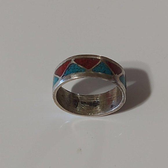 Turquoise Coral Chip Inlay Native American Sterling Silver Ring Size: 3 - Picture 4 of 10